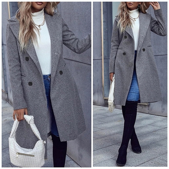New Chic Notched Lapel Double Breasted Midi Jacket Coat Light Gray